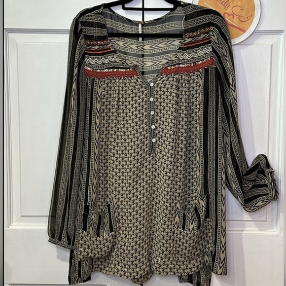 FREE PEOPLE Feather in The Wind tunic sheer tan black Size M - Picture 4 of 12